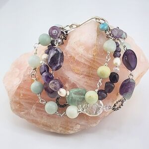 AMETHYST, AMAZONITE & PEARLS HANDMADE BRACELET IN STERLING SILVER APPRX 8 INCHES